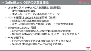 InfiniBand QDRの調査を開始
• さっそくスイッチとHCAを調達し実験開始
─ IPoverIB環境を構築
─ 実効スループットで25Gbps以上をマーク
• ポート単価は10GbEとほぼ同等（当時）
─ 同価格で2倍の速度は大変な...