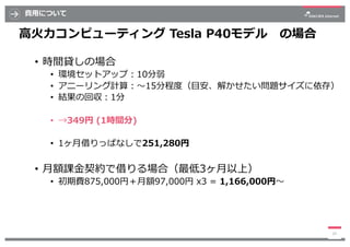 費⽤について
⾼⽕⼒コンピューティング Tesla P40モデル の場合
• 時間貸しの場合
• 環境セットアップ︓10分弱
• アニーリング計算︓〜15分程度（⽬安、解かせたい問題サイズに依存）
• 結果の回収︓1分
• →349円 (1時間...