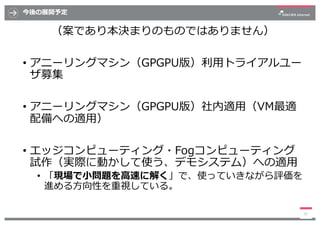 今後の展開予定
（案であり本決まりのものではありません）
• アニーリングマシン（GPGPU版）利⽤トライアルユー
ザ募集
• アニーリングマシン（GPGPU版）社内適⽤（VM最適
配備への適⽤）
• エッジコンピューティング・Fogコンピュー...