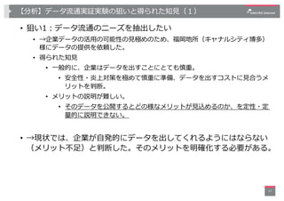 【分析】データ流通実証実験の狙いと得られた知⾒（１）
• 狙い1︓データ流通のニーズを抽出したい
• →企業データの活⽤の可能性の⾒極めのため、福岡地所（キャナルシティ博多）
様にデータの提供を依頼した。
• 得られた知⾒
• ⼀般的に、企業は...