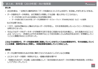 まとめ、来年度（2019年度）向け施策案
まとめ
• 2018年度は、⼀⾜⾶びに最終⽬的の「データ流通のエコシステムを回す」を⽬指しすぎたきらいがある。
• データ提供もデータ利⽤も、まだ環境だけ⽤意しても企業・個⼈が付いてこられない。
• デ...