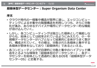 【参考】超個体型データセンターコンセプト （1/2）
超個体型データセンター : Super Organism Data Center
序⽂
• クラウド時代の⼀極集中構造が限界に達し、エッジコンピュー
ティングによる半集中の階層構造を利⽤しつ...