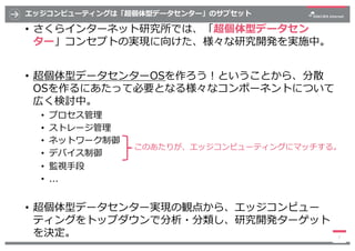 エッジコンピューティングは「超個体型データセンター」のサブセット
• さくらインターネット研究所では、「超個体型データセン
ター」コンセプトの実現に向けた、様々な研究開発を実施中。
• 超個体型データセンターOSを作ろう︕ということから、分散
...