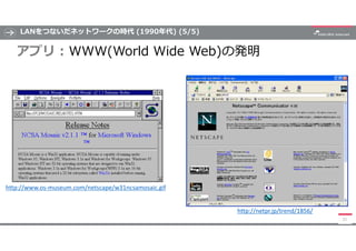 LANをつないだネットワークの時代 (1990年代) (5/5)
21
アプリ : WWW(World Wide Web)の発明
http://www.os-museum.com/netscape/w31ncsamosaic.gif
http:...