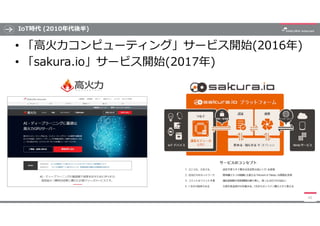 IoT時代 (2010年代後半)
• 「高火力コンピューティング」サービス開始(2016年)
• 「sakura.io」サービス開始(2017年)
42
 