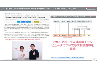 さくらインターネット研究所の取り組み事例紹介 その１:次世代アーキコンピュータ
50
CMOSアニーラ以外の量子コン
ピュータについても文献調査等を
実施
https://ascii.jp/elem/000/004/009/4009740/
 