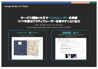 Usage Status of Tellus
サービス開始4カ月で10,000ユーザーを突破
2019年度はアクティブユーザーを増やすことに注力
Over 10,000 users in 4 months!
Focusing to activa...