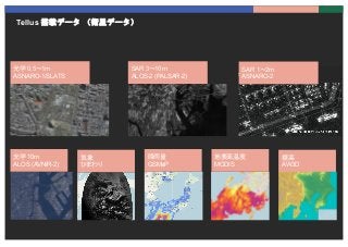 Tellus 搭載データ （衛星データ）
光学 0.5〜1m
ASNARO-1/SLATS
SAR 3〜10m
ALOS-2 (PALSAR-2)
光学 10m
ALOS (AVNIR-2)
気象
ひまわり
降雨量
GSMaP
地表面温度
MO...