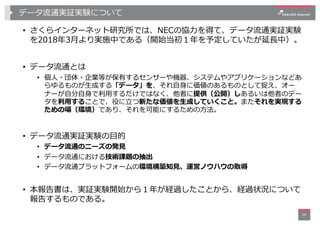 データ流通実証実験について
• さくらインターネット研究所では、NECの協⼒を得て、データ流通実証実験
を2018年3⽉より実施中である（開始当初１年を予定していたが延⻑中）。
• データ流通とは
• 個⼈・団体・企業等が保有するセンサーや機器...