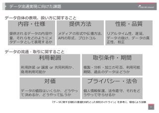 データ流通実現に向けた課題
37
内容・仕様
提供されるデータの内容や
量、それらをどのようにメ
タデータとして表現するか
提供⽅法
メディアの形式や伝播⽅法、
APIの形式、プロトコル
性能・品質
リアルタイム性、遅延、
データの抜け、データ...