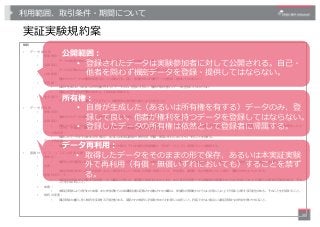 利⽤範囲、取引条件・期間について
実証実験規約案
40
規約
• データ提供時
• 無償提供︓
• データは無償で提供し、データ利⽤者に対して⾦銭・その他のものでの代償を求めないこと。
• 品質保証︓
• データは正確なものになるよう努めること...