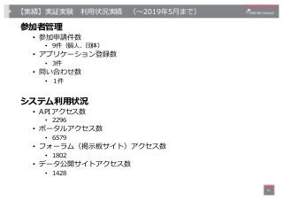 【実績】実証実験 利⽤状況実績 （〜2019年5⽉まで）
参加者管理
• 参加申請件数
• 9件（個⼈、団体）
• アプリケーション登録数
• 3件
• 問い合わせ数
• １件
システム利⽤状況
• APIアクセス数
• 2296
• ポータル...