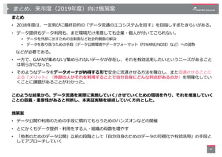 まとめ、来年度（2019年度）向け施策案
まとめ
• 2018年度は、⼀⾜⾶びに最終⽬的の「データ流通のエコシステムを回す」を⽬指しすぎたきらいがある。
• データ提供もデータ利⽤も、まだ環境だけ⽤意しても企業・個⼈が付いてこられない。
• デ...