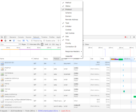 図1 Google Chromeの「Network」タブで使用しているプロトコルを確認できる