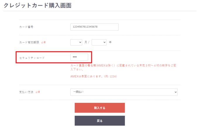 クレジットカード購入画面